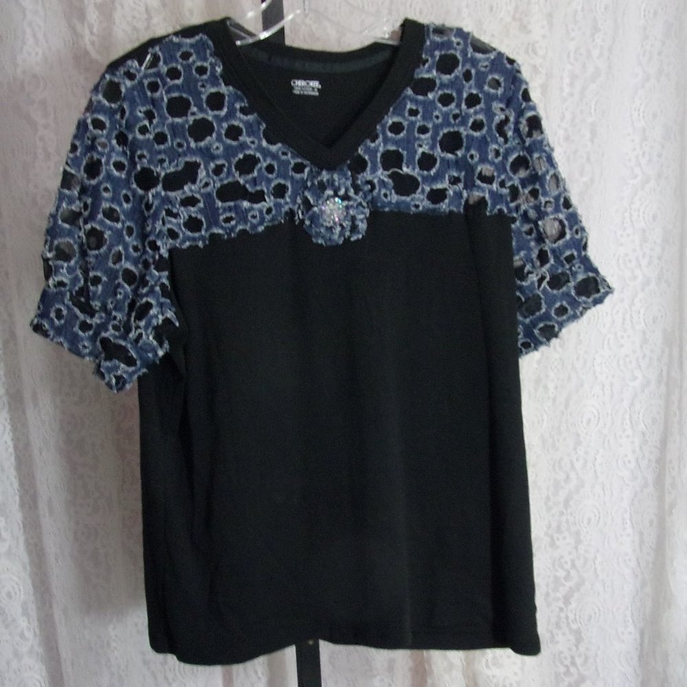 Cherokee Black Top Denim Burnout Size L NWOT
